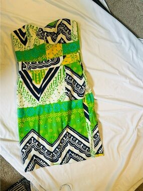 Trina Turk Green, Navy & White Strapless Mini Dress